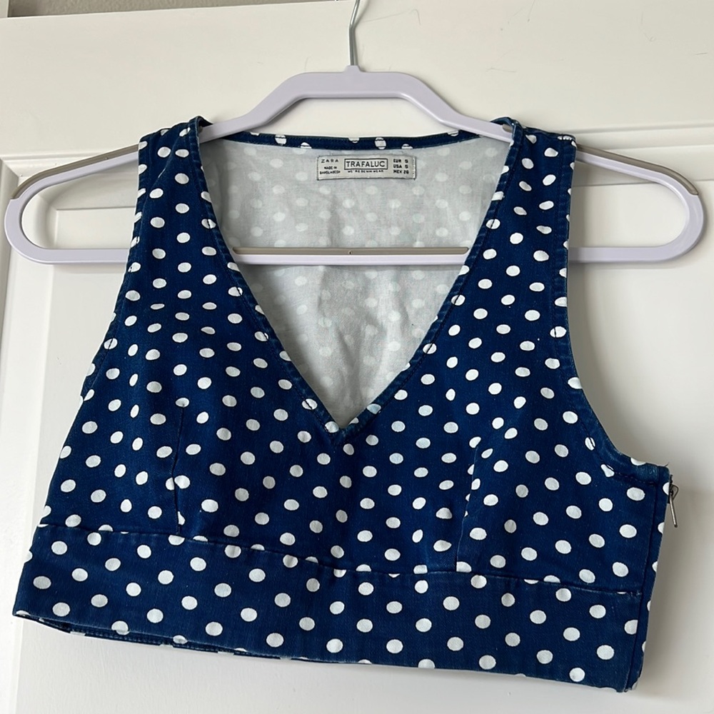ZARA Trafaluc Blue with White Polka Dot Summer Crop Top Small